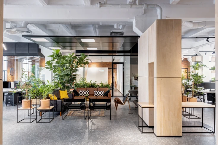 Modern open-plan office space with natural light, plants, and comfortable seating areas.